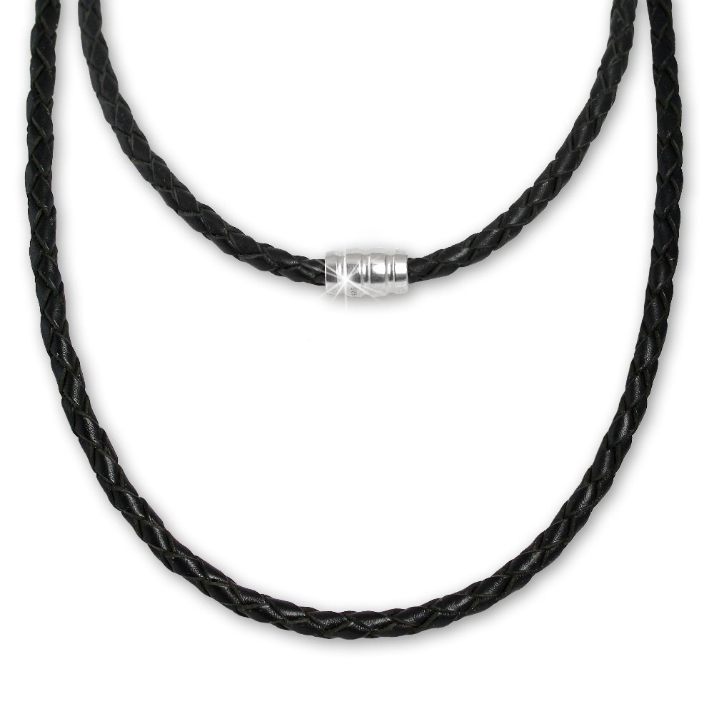 SilberDream Leder Kette geflochten 45cm schwarz mit 925er Verschluss LS0408