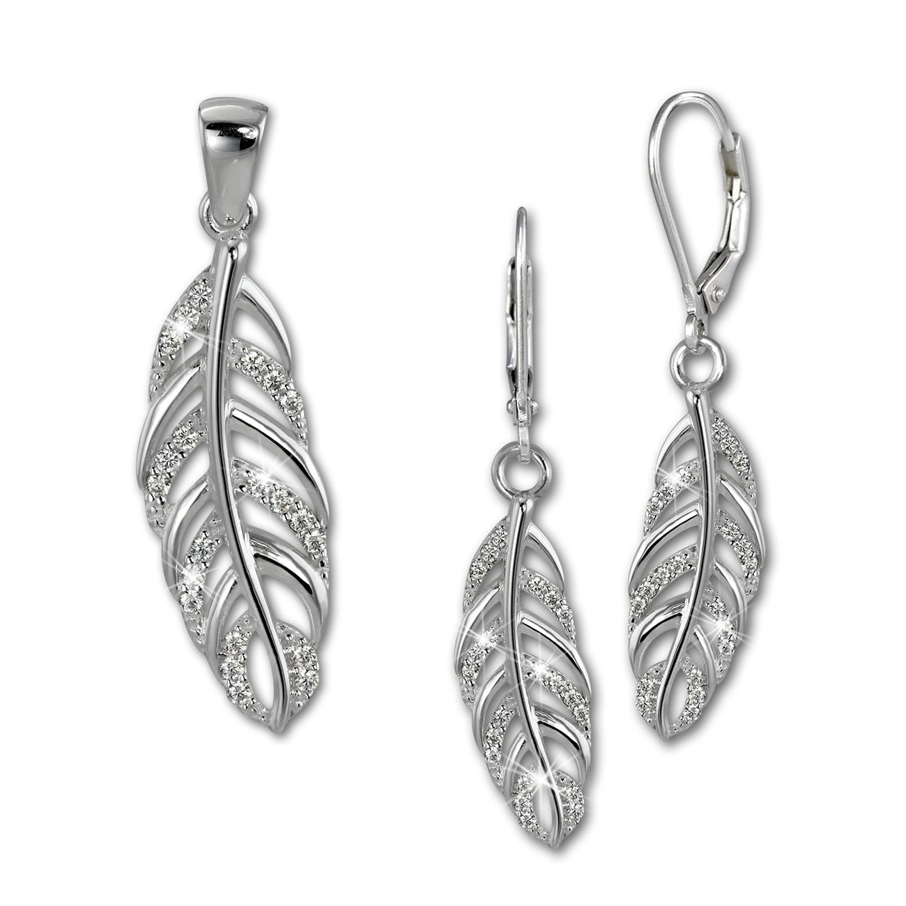 SilberDream Schmuck Set Anhänger und Ohrringe Feder Zirkonia Silber SDS4906W