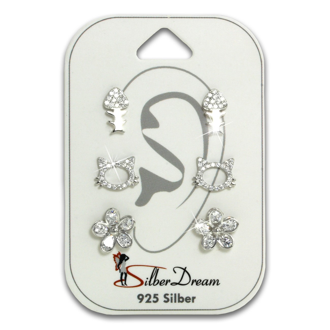 SilberDream Ohrstecker 3er Set Blume, Katze, Fischgräte 925er Ohrringe SDS605WJ