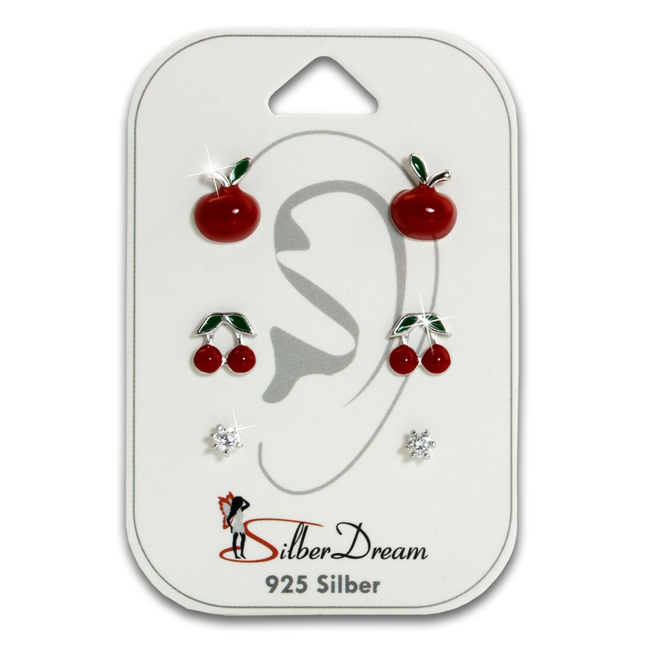 SilberDream Ohrstecker 3er Set Apfel, Kirschen, Zirkonia 925er Ohrringe SDS611RW