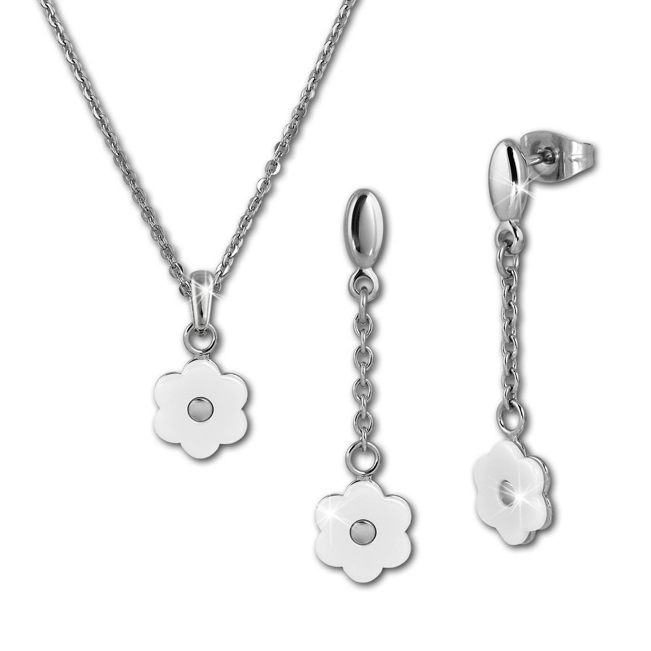 Amello Edelstahlschmuckset Keramik Bl�mchen wei� Kette, Ohrring ESSX41W