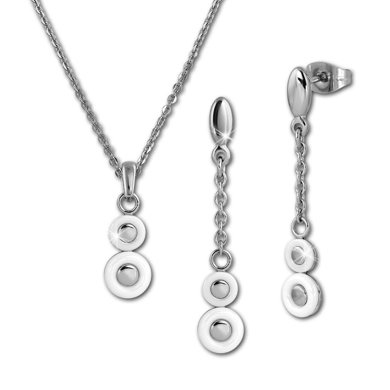Amello Edelstahlschmuckset Keramik Circle wei Kette, Ohrring ESSX42W